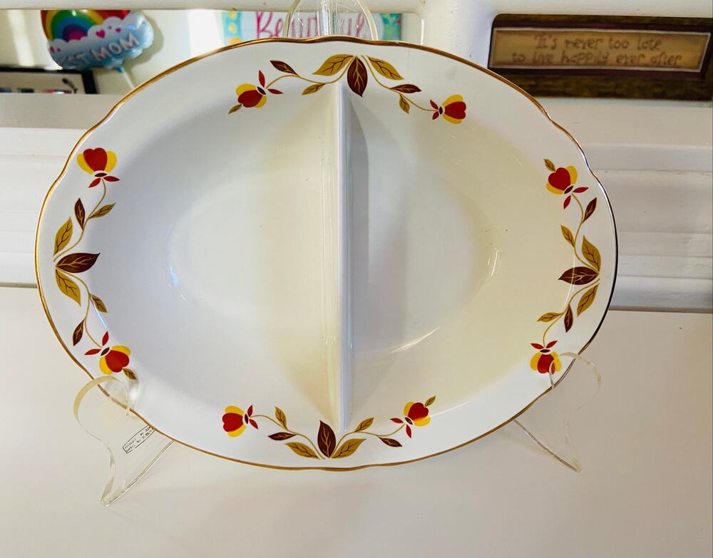 VINTAGE 1930s Hall China Mary Dunbar Autumn Leaf Divided Oval Vegetable Bowl